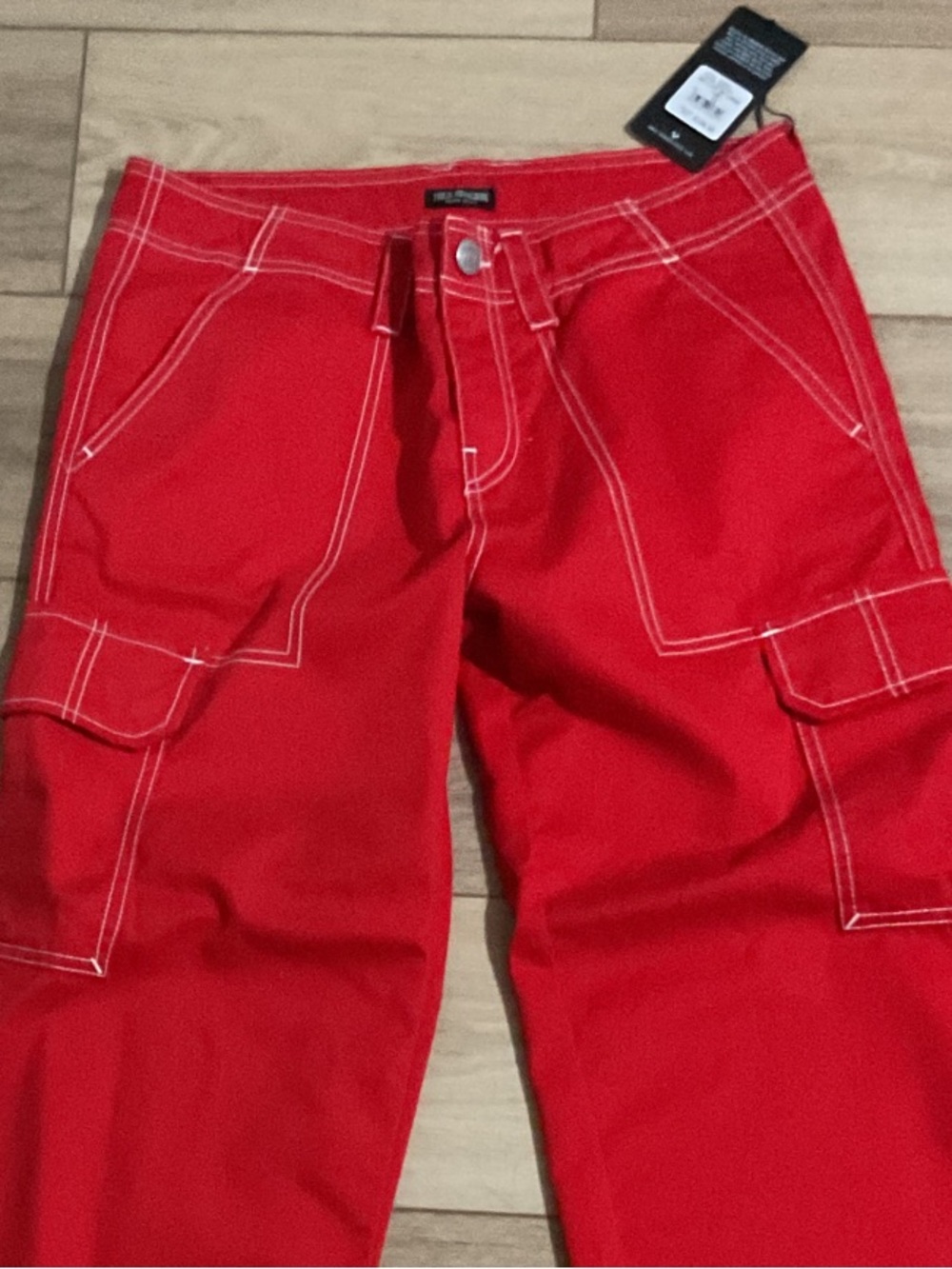 True Religion Red Cargo Pants with White Contrast Stitching